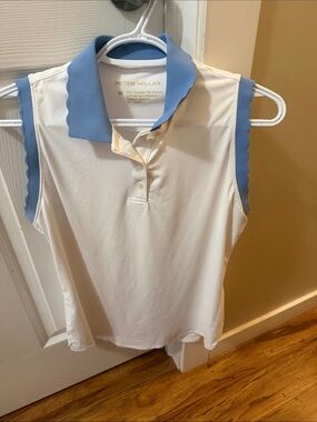 Peter Millar Sleeveless Polo in White with Light Blue Trim